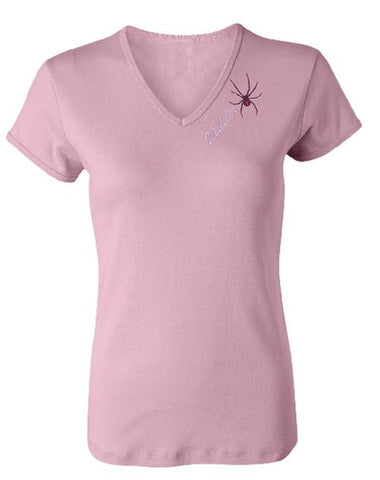 Pink Widder with Spider Embroidered V-Neck T-Shirt