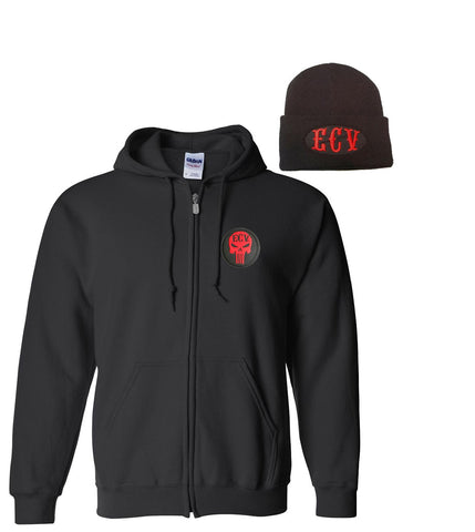 Large Full-Zippered Black Hoodie With a ECV® punisher skull & beanie