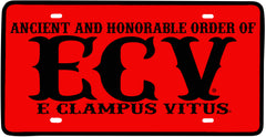 ECV® E Clampus Vitus red License Plate.