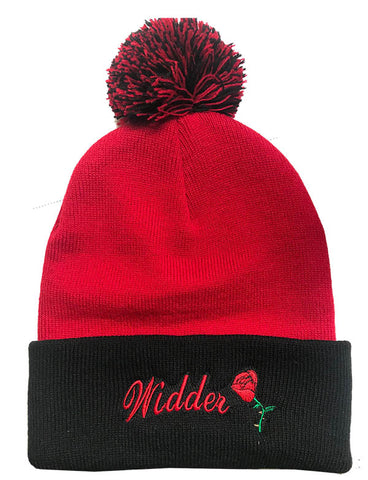 Pom-Pom 12" Knit  Widder Beanie Red & Black