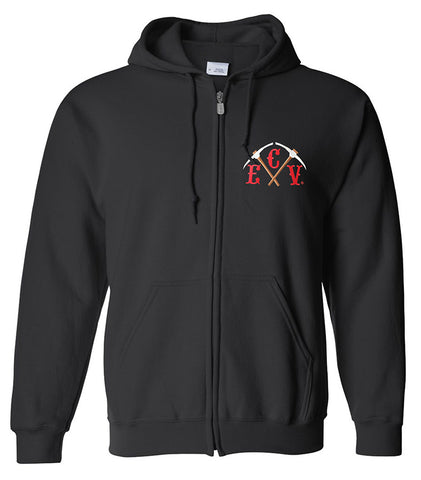 Full-Zippered Clamper Black embroidered Hooded Sweatshirt